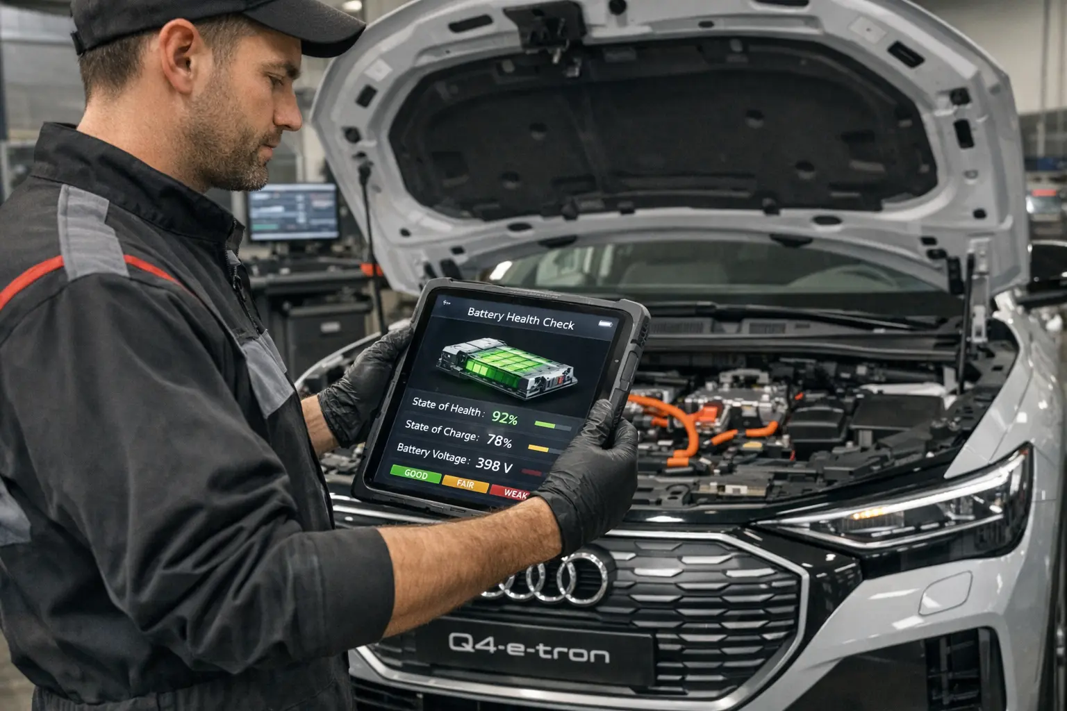 Audi Q4 Batteriecheck - Diagnosegerät zeigt Batteriezustand