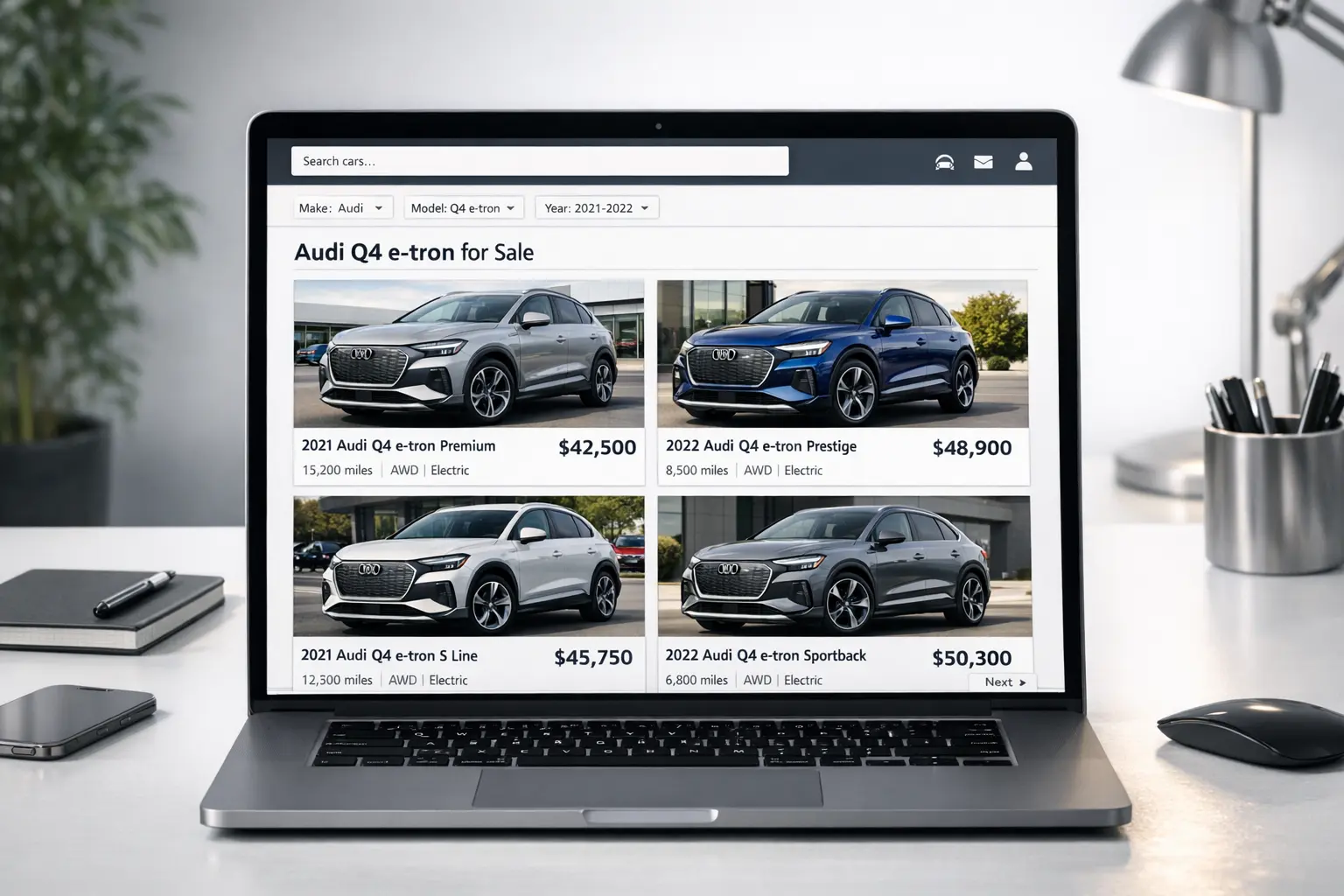 Laptop zeigt Online-Automarkt mit Audi Q4 Angeboten