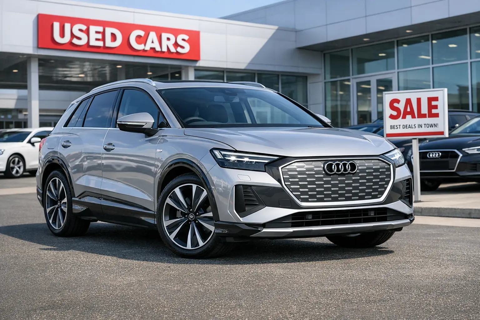 Audi Q4 gebraucht kaufen - silberner Q4 e-tron auf Autohaus Vorplatz