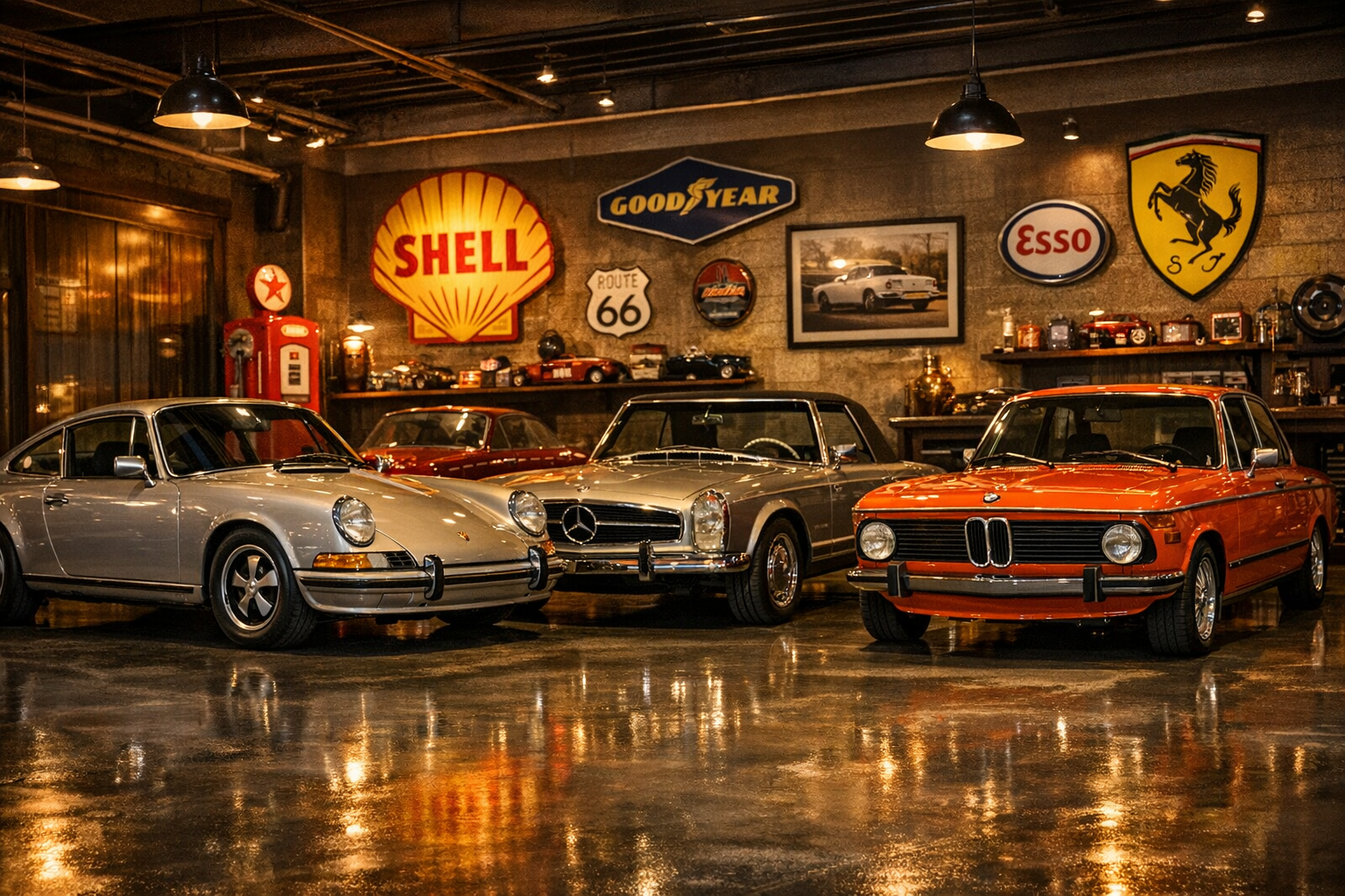 Klassische Autos verschiedener Epochen in eleganter Garage