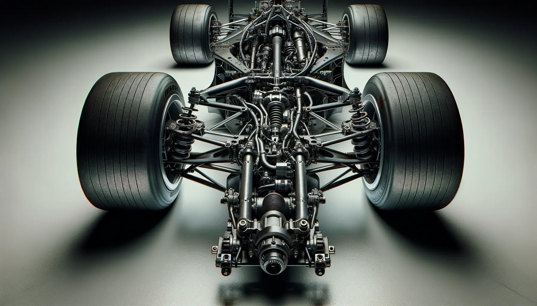 Technisches Detail eines Rennsportautos mit Fahrwerk und Rennreifen 2026