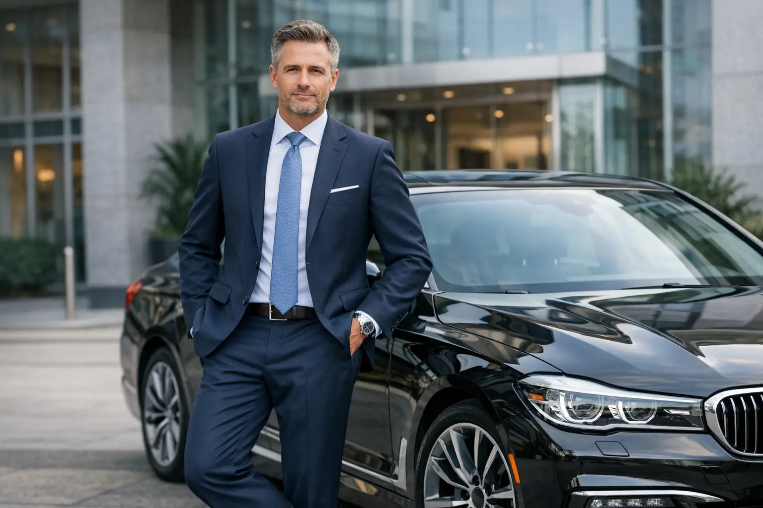 Leasing Vorteile - Geschäftsmann vor modernem Firmenwagen
